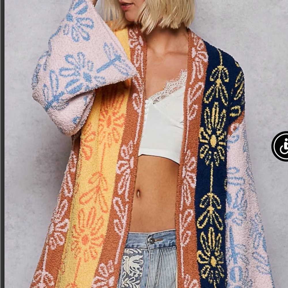 POL Multi-Color Floral Patchwork Open Cardigan